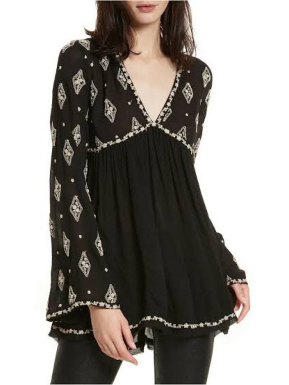 Free People Women's Diamond Embroidered Bell Sleeve Tunic‎ Black Size M